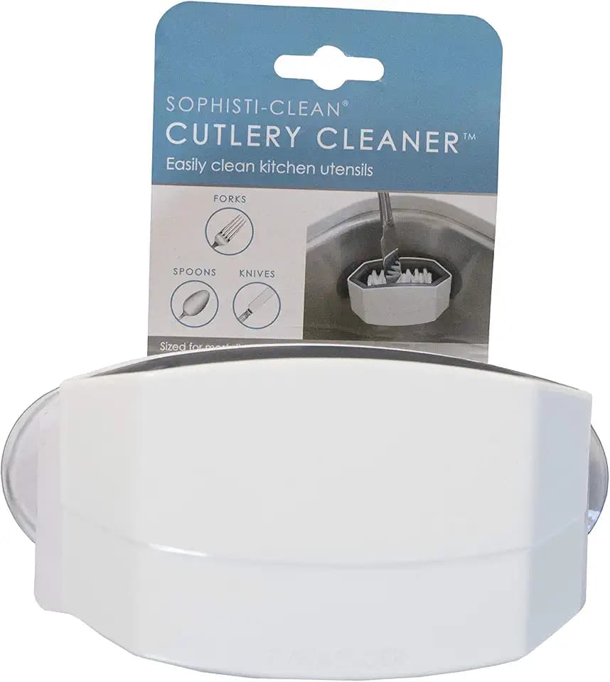 Cutlery Cleaner Brush, Suctioned in-Sink Silverware Scrubber, Non-Scratch Bristles, Easily Clean Utensils and Sharp Knives, Convenient Kitchen Gadget, White