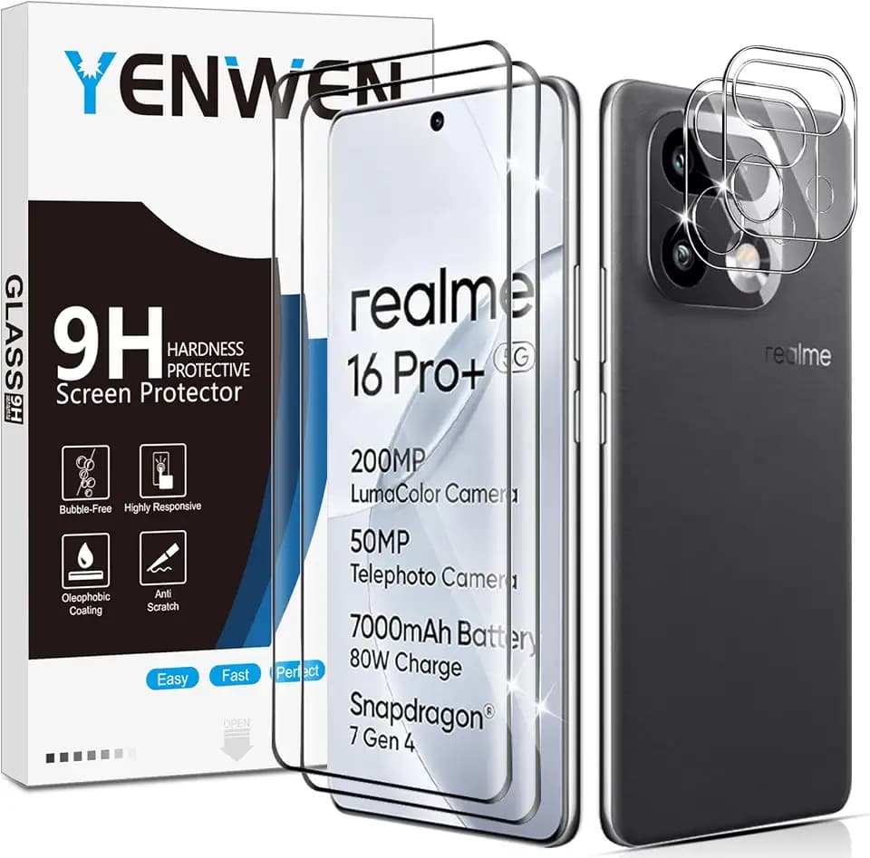 für Panzerglas für Realme 16 Pro Plus Schutzfolie, 2 Stück Displayschutz mit 2 Stück Kameraschutz Glas, 9H Härte Schutzglas Handy Folie HD Klar Panzer Schutz Glas