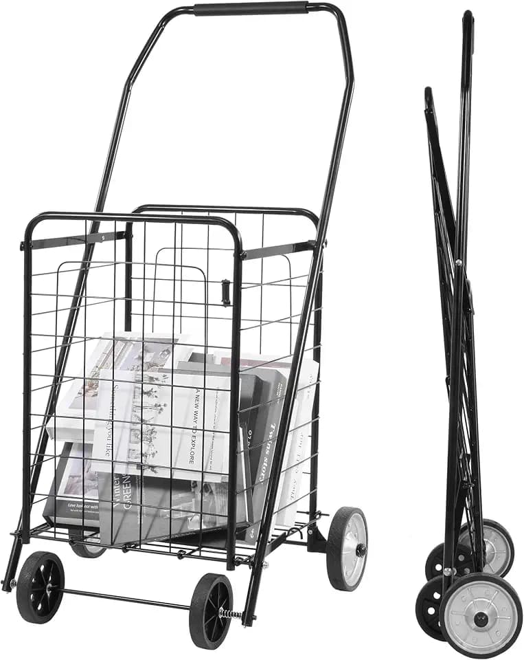 Foldable Shopping Utility Cart, Collapsible Durable Grocery Utility Cart with Rolling Wheels for Easy Storage, Laundry, Book, Luggage Travel, Compact Portable, Black