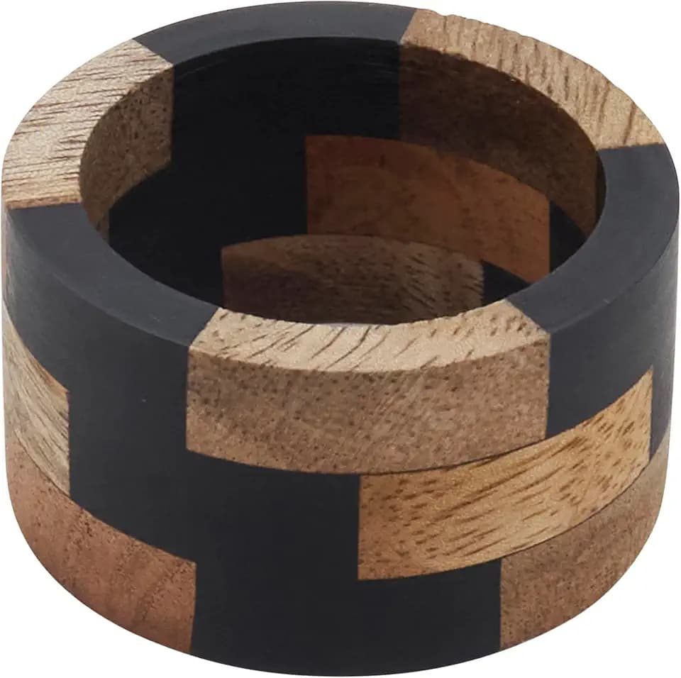 SARO LIFESTYLE Mango Wood & Resin Napkin Rings (Set of 4) – Modern Block Pattern with Natural Texture