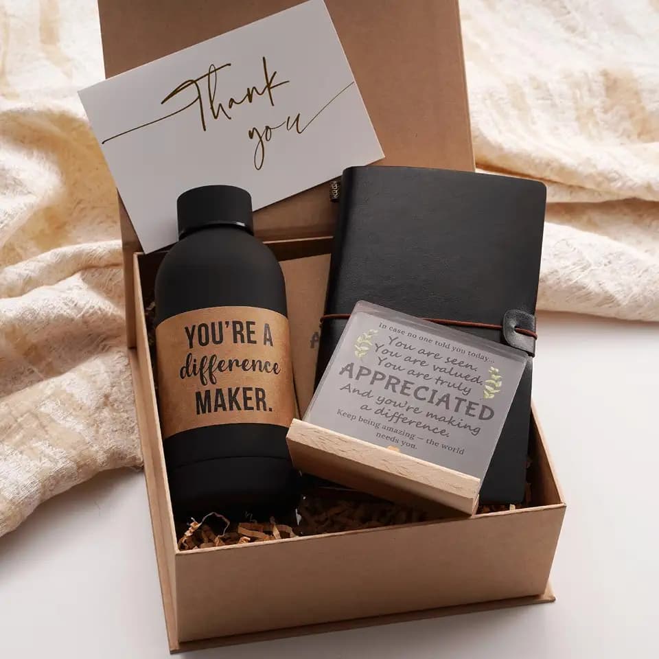 Employee Appreciation Gifts Box Set – Coworker Gift Set Includes Vegan Leather Notebook, Insulated Bottle, Desk Sign, Card, Gift Box – Thank You Gifts for Staff, Teachers, Volunteers (BLACK)