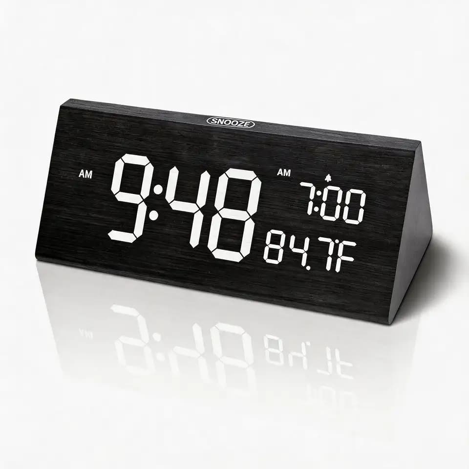 OhM-ega Wooden Digital Alarm Clock for Bedroom, Large Display Alarm Clock with 2 USB Charging Ports, Adjustable Brightness, Indoor Temperature, 12/24H, Nightstand Clock, Black
