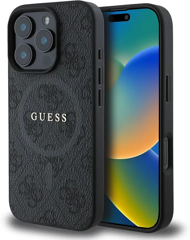 CG Mobile Guess HC Handyhülle Entwickelt für iPhone 16 Pro Max, langlebig, stoßfest, kompatibel mit Magsafe, PU 4G Ring Classic Logo Hülle Schwarz