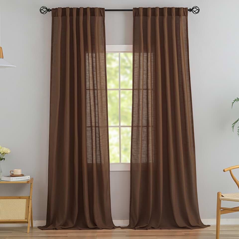DONREN Cocoa Brown Back Tab Curtains 132 Inches Extra Long Ceiling to Floor for Villa Living Room,2 Panels Hooks Belt Pinch Pleated Easy Sliding Curtains Light Reducing Semi Sheer Drapres W52 x L132