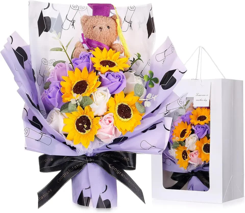 Yinder Class of 2026 Graduation Bear Bouquet 13.8" Scented Soap Rose and Sunflower Bouquet with Mini Plush Grad Bear Graduation Gifts for Daughter Son Party Favors (Purple)