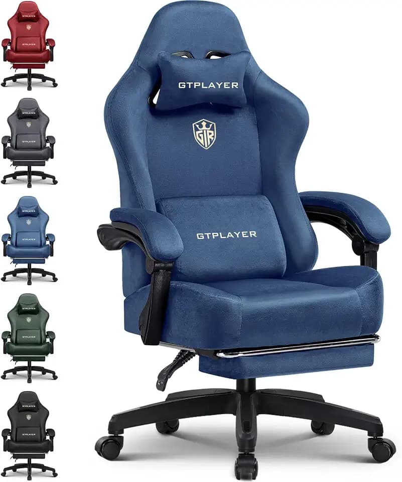 GTPLAYER Gaming Chair Fabric with Pocket Spring Cushion, Big and Tall Gamings Chairs 350LBS High Back Computer Chair with Footrest for Adults Lumbar Support Swivel Game Chair for Office Gaming Blue