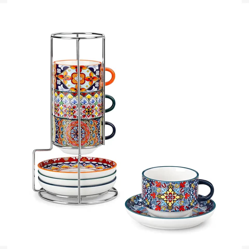 vancasso 2.5 Oz Stackable Espresso Cup Set of 4, Ceramic with Saucers