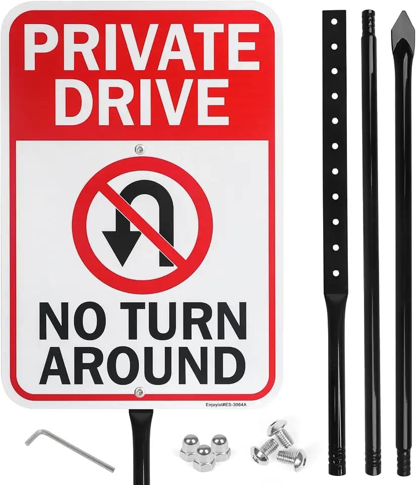 Large Private Drive No Turn Around Sign with 54" Metal Stake, 17"x 12" .040 Aluminum Sign - Reflective, UV Protected and Weatherproof