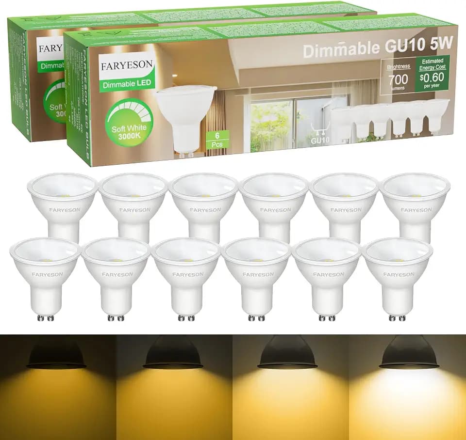 Dimmable GU10 LED Light Bulbs - 5W, Soft White (3000K), 700 Lumens, Wide 110° Flood Beam, Great for Recessed and Track Lighting in Kitchens, Living Rooms, and Bedrooms, 12-Pack