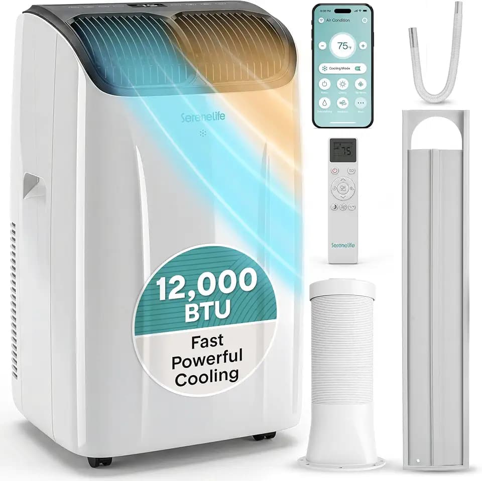 SereneLife 12,000 BTU Portable Air Conditioner with Dehumidifier, Heat, & Fan | Wi-Fi Enabled Portable AC Unit for Rooms up to 550 Sq Ft | Compact Standing Air Conditioner with Window Kit
