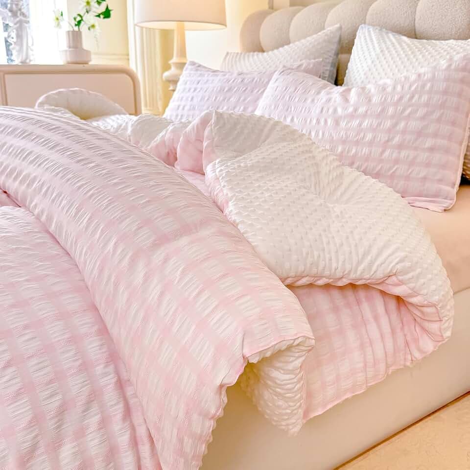 tohrisa Boho Comforter Set Twin Size - 2 Pieces Lightweight Jacquard Seersucker Bedding Sets (1 Soft Fluffy Grid Comforter & 1 Pillowcase) - All Seasons Cozy Modern Bed Set(68"x90" Blush Pink)