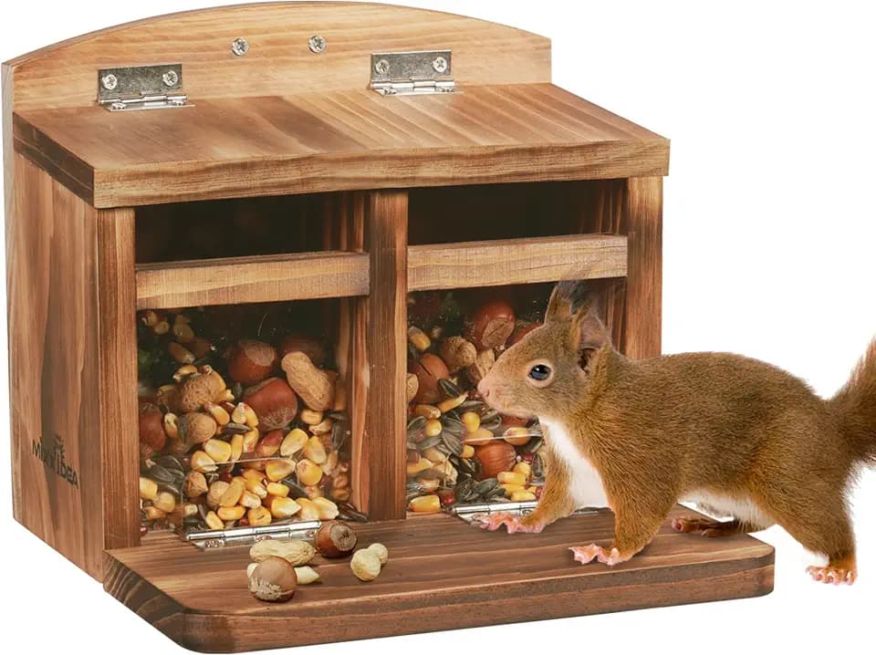 MIXXIDEA Large Squirrel Feeder House, Wooden Squirrel Feeders for Outside, Chipmunk Feeder Made of Thick Wood, No Assembly Required (Brown)