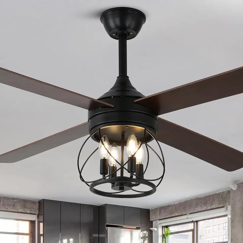 52" Farmhouse Rustic Caged Chandelier Fan with Light