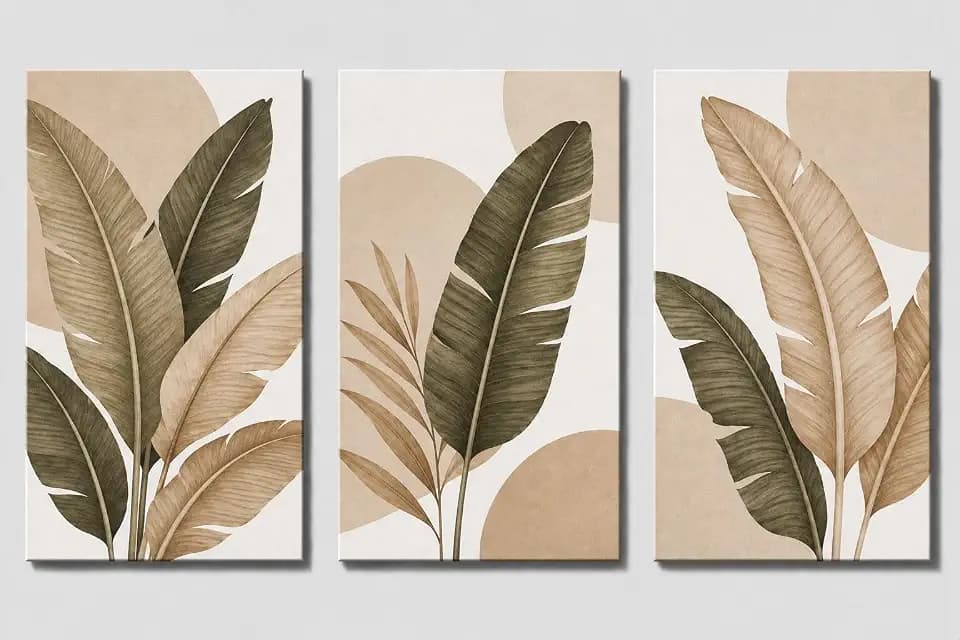 ICE ARMOR X-Large Set of 3 Tropical Banana Leaf Wall Art Neutral Botanical Canvas Print Boho Living Room Decor 24x36 Inch Frameless Canvas Print - Ready to hang