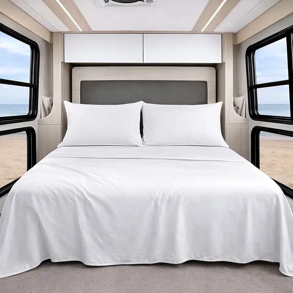 Shreem Linen Luxury 4 Piece Microfiber RV Sheet Set, Deep Pocket Fits Up to 10 inch, Soft, Wrinkle-Resistant, Camper, Travel Trailer Bedding, RV Full XL 48x80, White