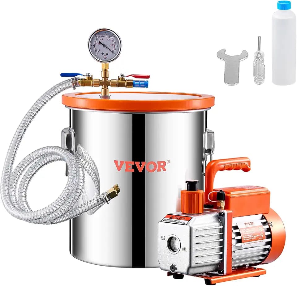 VEVOR 5 Gallon Vacuum Chamber and 3.5 CFM Pump Kit, Stainless Steel Chamber, Single Stage Vacuum Pump Degassing Chamber Kit, with Acrylic Lid, Oil, 4.92 ft Hose, for Degassing Resin Silicone Epoxies
