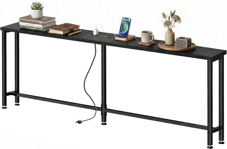 70" Narrow Sofa Table with Outlet (2 AC Outlets & 2 USB Ports), Behind Couch Table with Charging Station, Long Skinny Console Table for Living Room, Entryway and Hallway (Black)