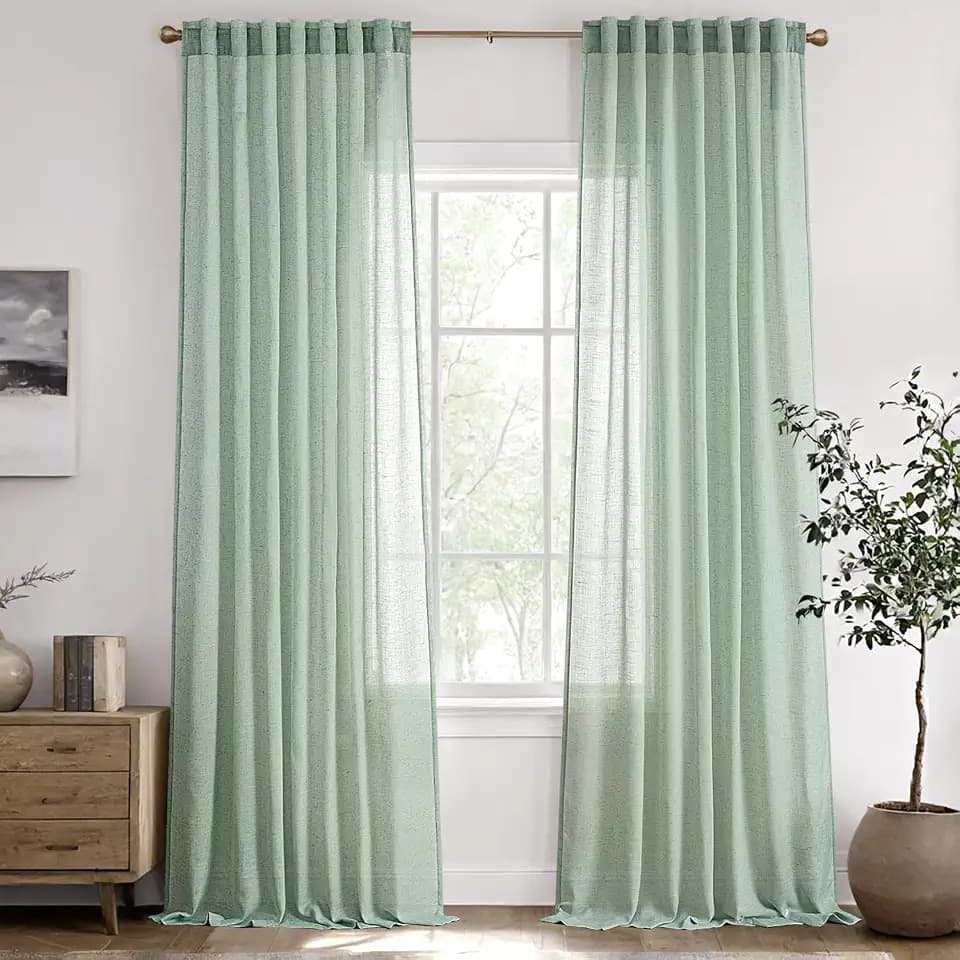 ANRODUO Light Green Semi Sheer Linen Curtains 102 Inch Long 2 Panels for Living Room
