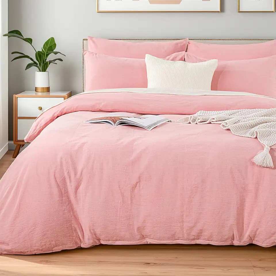 NEXHOME PRO Duvet Cover Twin 100% Washed Cotton, Organic Natural Linen Like Textured, Breathable, Durable, Home Bedding Set, Heathered Pink 6890
