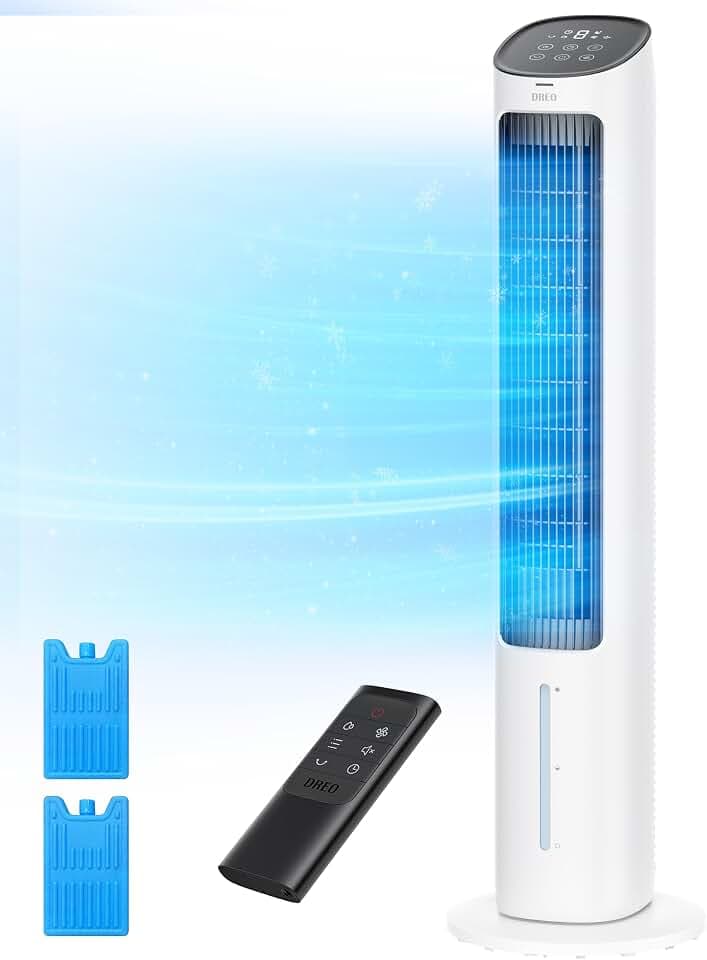 DREO Evaporative Air Cooler, 40” Cooling Fans that Blow Cold Air, 80° Oscillating, Removable Water Tank, Ice Packs, Remote Control, 4 Speeds, 7H Timer, Swamp Cooler for Bedroom, White