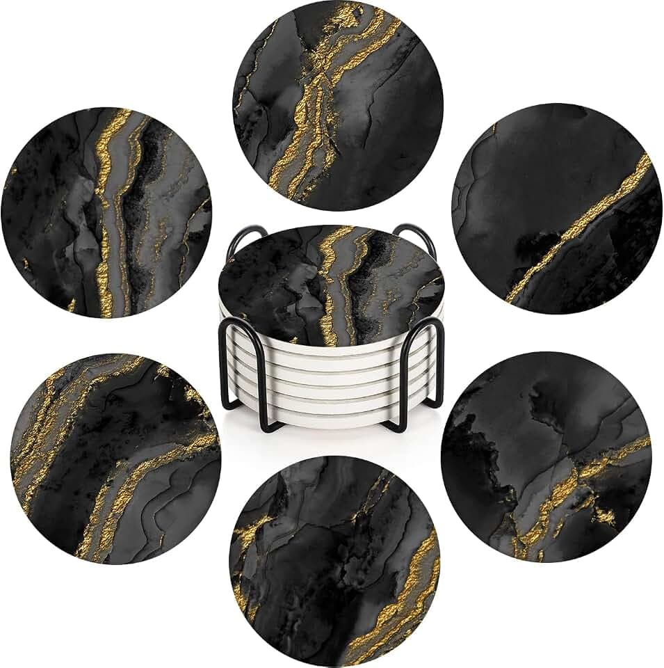 Britimes Coasters for Drinks, Set of 6, Ceramic Stone, Marble Black