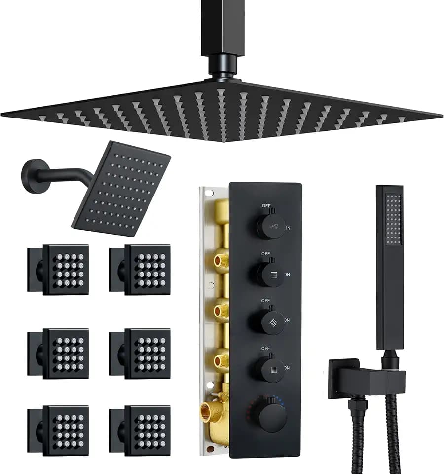 Dasan Thermostatic Dual Shower Head System with 6 Body Jets, 6-Inch Shower Head & 16” Rainfall Shower, Luxury Matte Black Shower Faucet Set Rain Shower Head System for Couples/ 2-Person