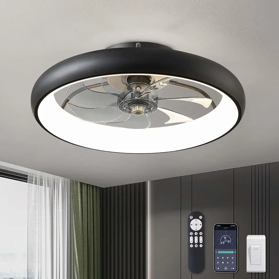 LUDOMIDE Ceiling Fans with Lights 20'' Flush Mount Fan Remote & APP Control Black Low Profile 6 Wind Speeds Smart Dimmable LED for Bedroom Living Room (Y1095-BK-ELE)