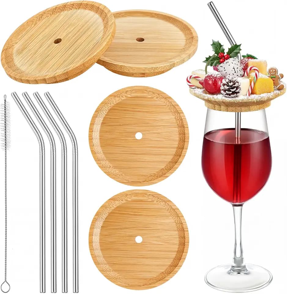 Tioncy 9 Pcs Wine Glass Charcuterie Topper Set, 4" Bamboo Plates with Hole