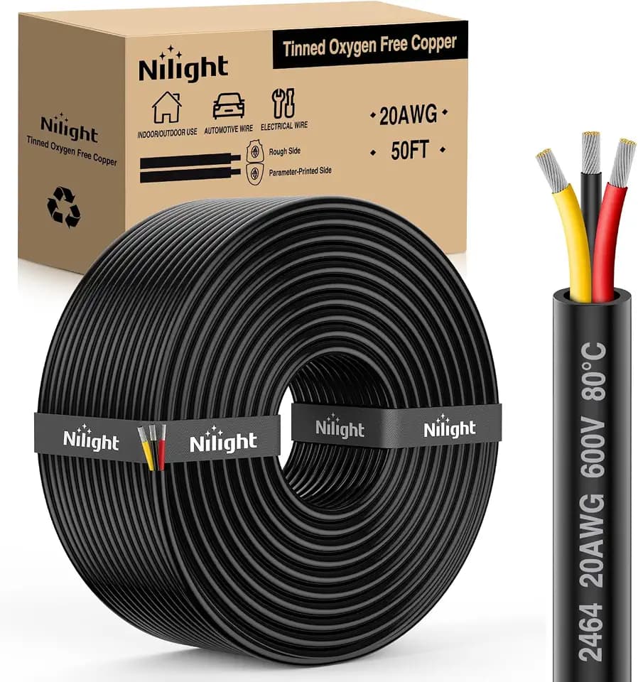 Nilight 50FT 20AWG 3 Conductor Wire Tinned Copper Red Black Yellow