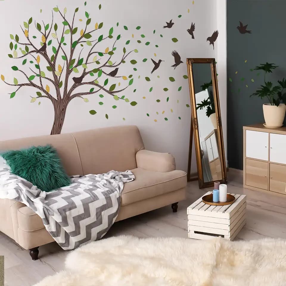 Large Tree Bird Wall Stickers 3 Sheets Removable Family Tree Wall Decal Green Leaves & Birds Wall Decor for Nursery Home Walls (Leaf Tree)