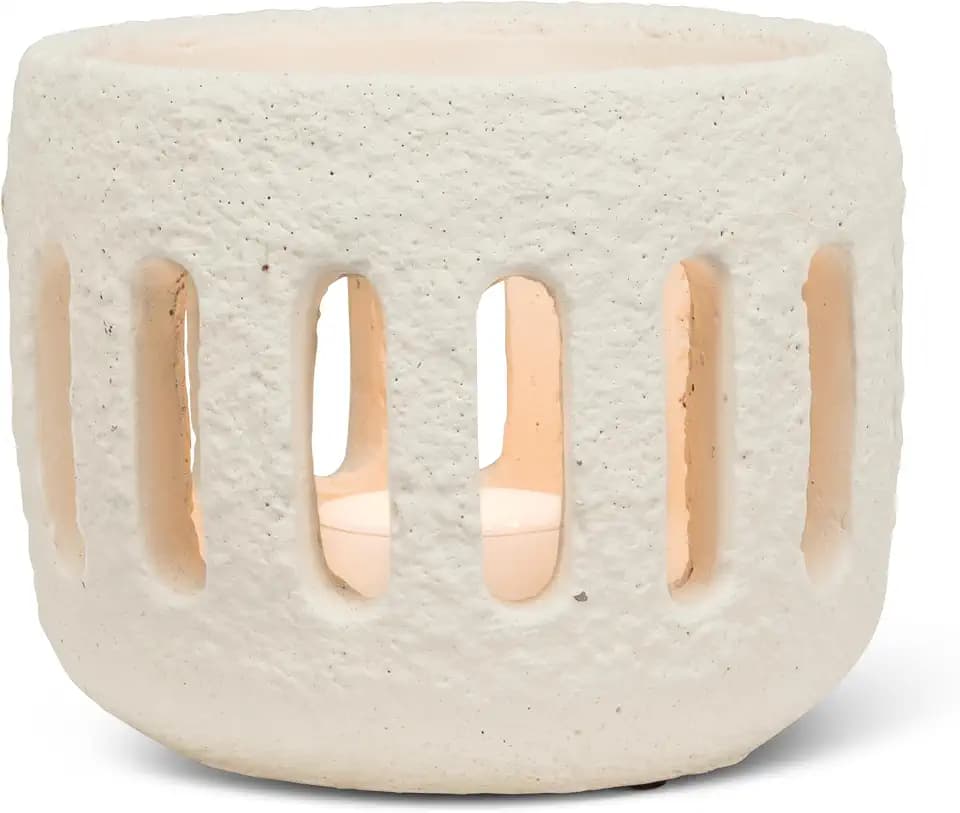 Abbott Collection Large Textured Hurricane Tealight Candle Holder - Cement, Ivory (3.5" H)