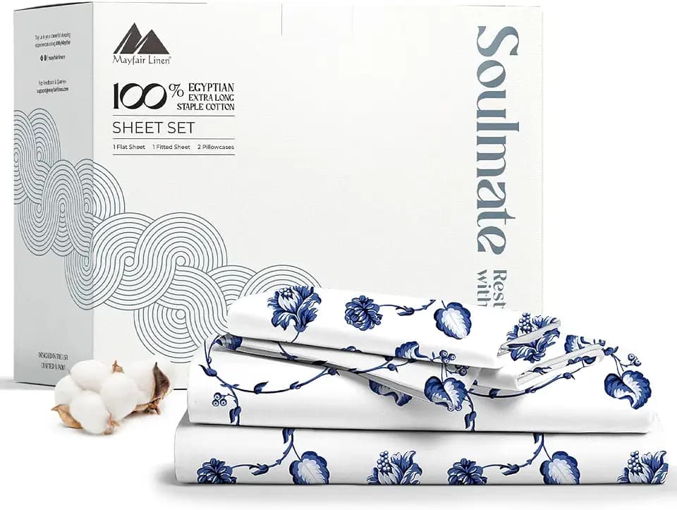 Mayfair Linen Sheets 100% Egyptian Cotton Queen Size - Luxury 500 Series Queen Sheet Set (4 PC, Floral Blue), Silky Soft, Cooling 16" Deep Pocket Hotel Quality Bed Sheet - Soulmate Collection