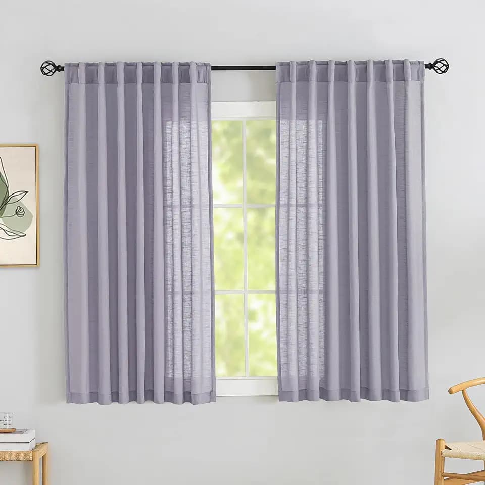 Lavender/Light Violet Linen Back Tab Curtains 64 Inches Long 2 Panels Set for Girls' Room - Modern Cottagecore Pocket Semi Sheer Privacy Drapes Light Filtering Short Curtains 52"Width x 64" Length