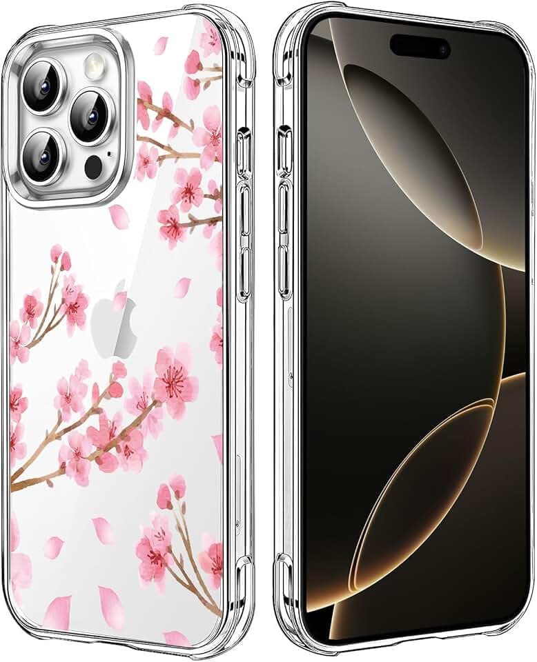 Cherry Blossom Clear Case Compatible with iPhone 16 Pro Max, Sakura Girls and Women Floral Back Case Cover, Pink Flower Transparent Flexible TPU Bumper Shockproof Protective Phone Case
