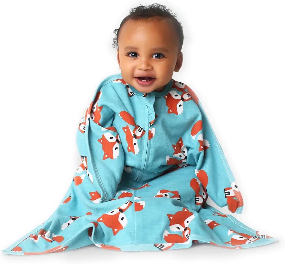 SleepingBaby Zipadee-Zip Transition Swaddle - Cozy Baby Swaddle Blanket with Zipper Convenience - Roomy Wearable Blanket for Easy Diaper Changes - Friendly Fox, Small (4-8 Month)