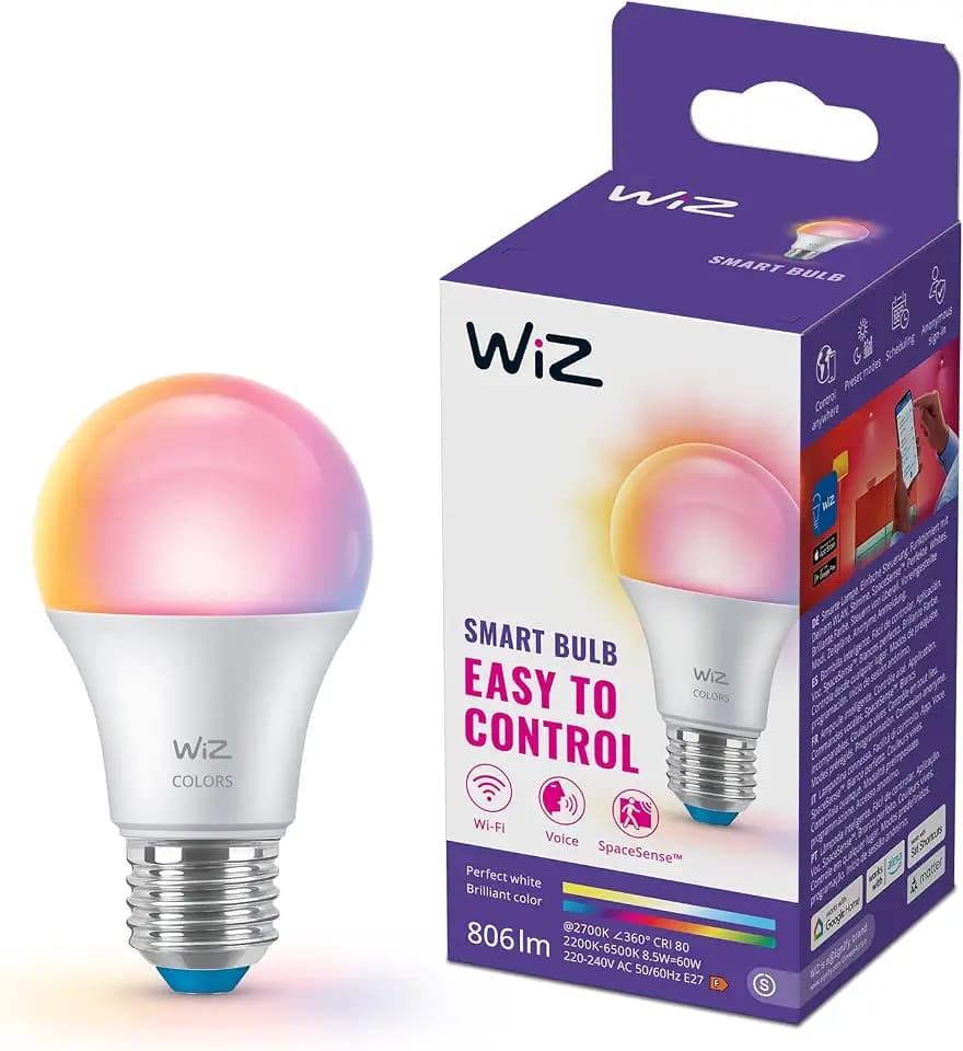 WiZ Smart LED A60 Glühbirne, Full Color and Tunable White, E27-Sockel, 60 W Äquivalent, 2200–6500 K, 806 Lumen, dimmbar, kompatibel mit Alexa, Google Assistant und Apple Home, 1er-Pack