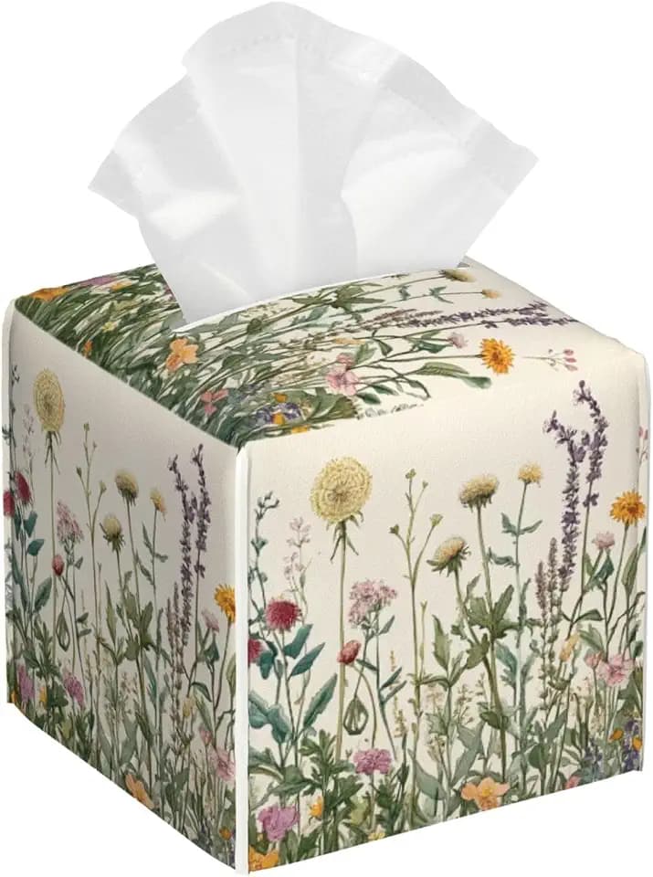 Vintage Dandelion Herbs Tissue Box Cover Spring Summer Wild Flowers Florals Square Leather Tissue Holder Decorative Facial Tissue Cube Paper Cover Case Organizer for Bathroom Night Stands Desk Home