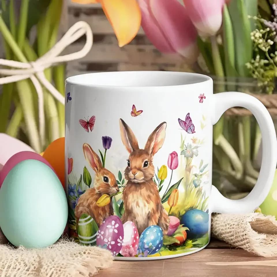 Whaline Easter Mug Ceramic Drinking Cup Watercolor Colorful Bunny Rabbit Egg Coffee Mug for Easter Spring Supplies Table Centerpieces, 12 Oz