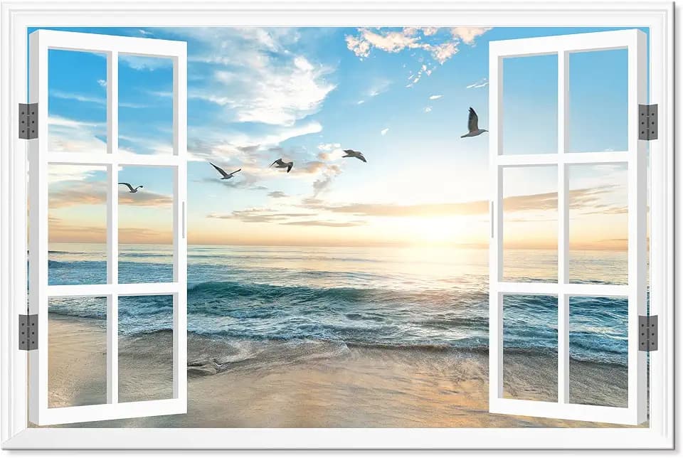 Goldfoilart Ocean Beach Sunset Window Canvas Wall Art for Bedroom Seagull Seascape Paintings Coastal Picture Framed Artwork for Bathroom Living Room Office Decor 36" x 24"