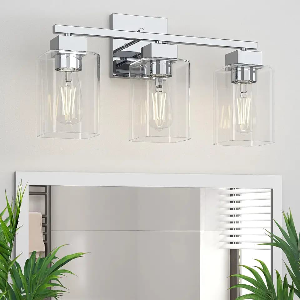 Chrome Bathroom Vanity Light - 3 Light Bathroom Light Fixture Square Design & UL Certification, Bath Room Lighting Fixtures Over Mirror, Modern Vanity Lighting Fixture for Living Room