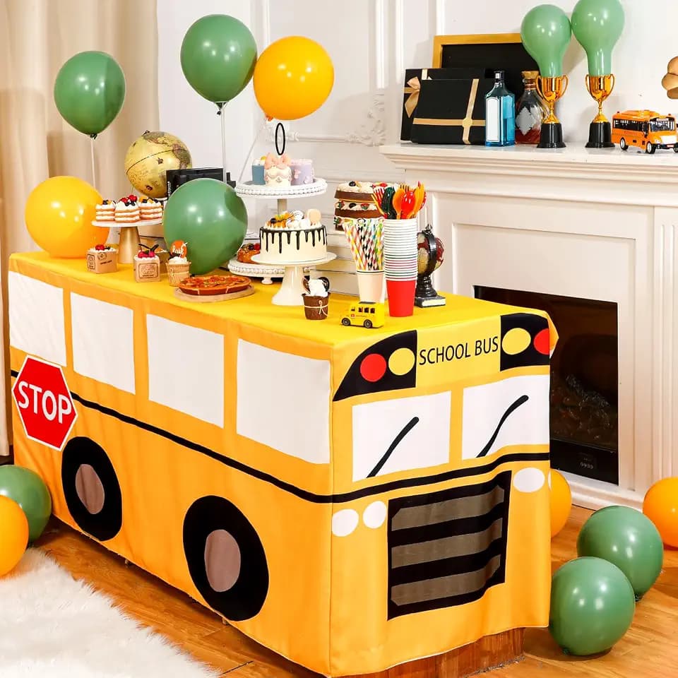 Oudain 1 Pcs 6 ft Back to School Tablecloth School Bus Theme Party Favor