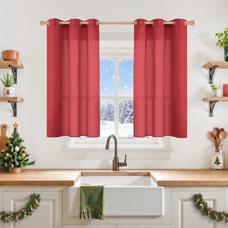 YoungsTex Red Linen Kitchen Curtains 40 Inch Length, Short Light Filtering Drapes with Grommet Semi Sheer Privacy Christmas Decor for Cafe Bathroom Window, 2 Panels, 42 X 40 Inch