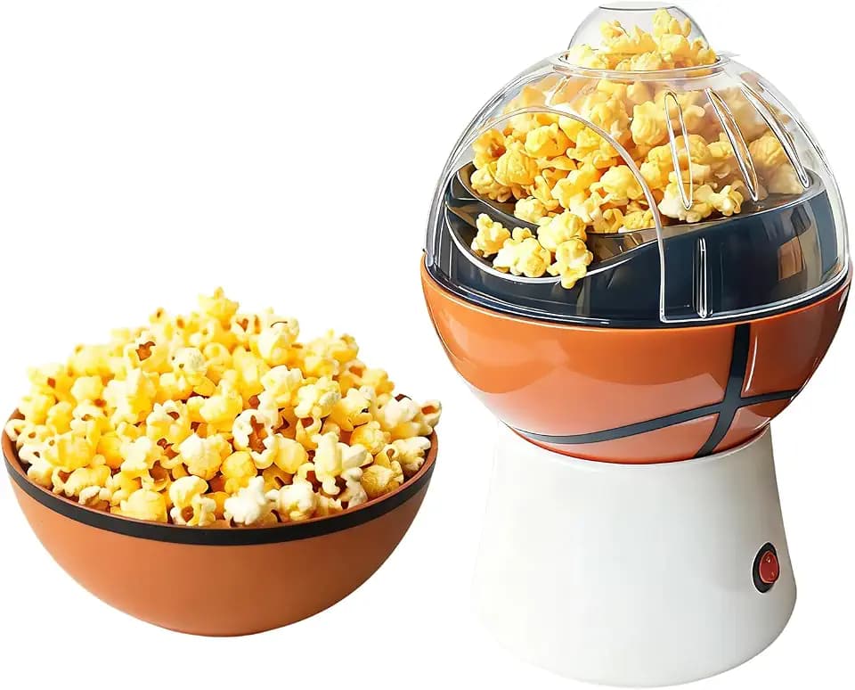 Hot Air Popcorn Maker, 1200W Electric Oil-Free One-Touch Popper with Measuring Cup & Butter Melter, BPA-Free Healthy Snack Machine for Home, Kids, Movie Night, Camping-Basketball Shaped