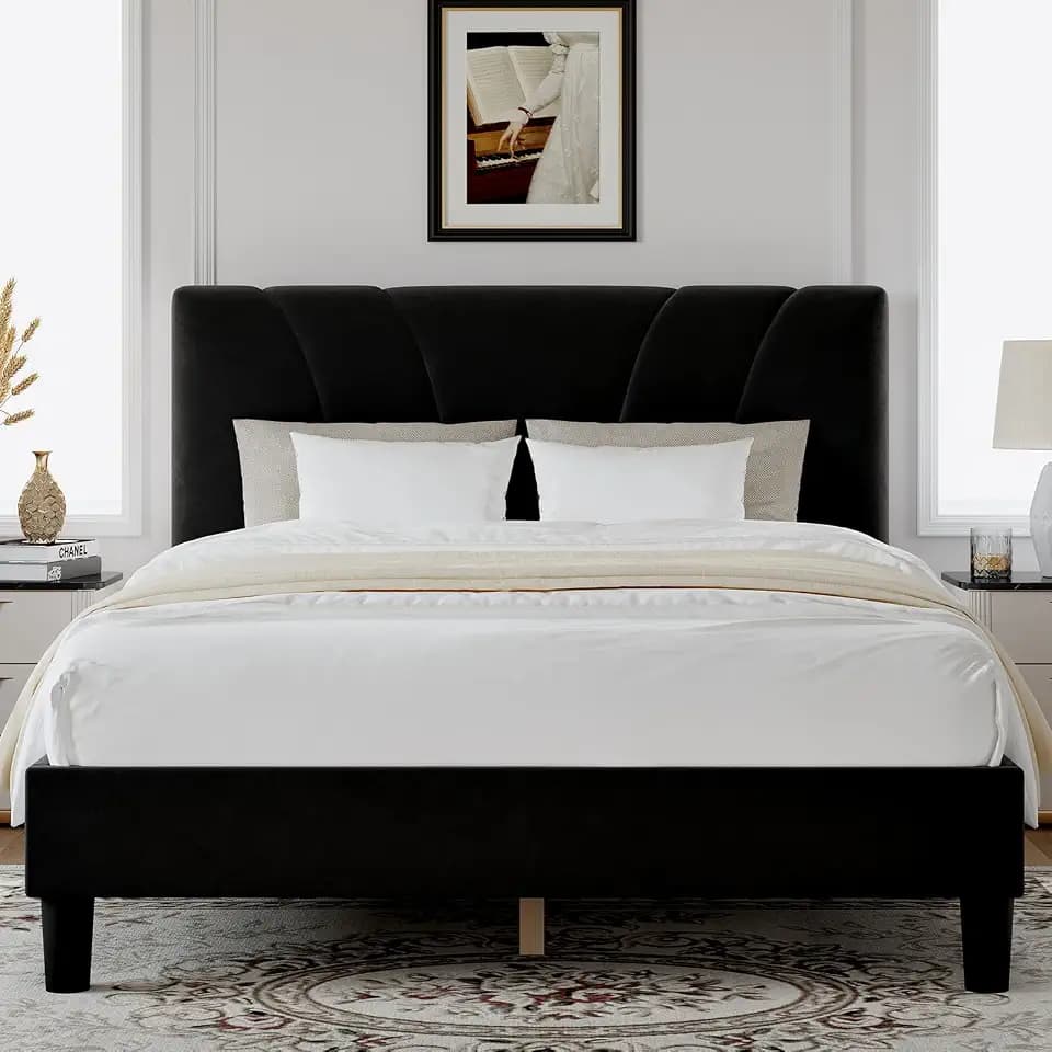 Novilla Full Size Bed Frame with Headboard, Full Bed Frame with Wooden Slats Support, Velvet Upholstered Headboard, No Box Spring Needed, Heavy Duty Feet, Easy Assembly, Black Velvet