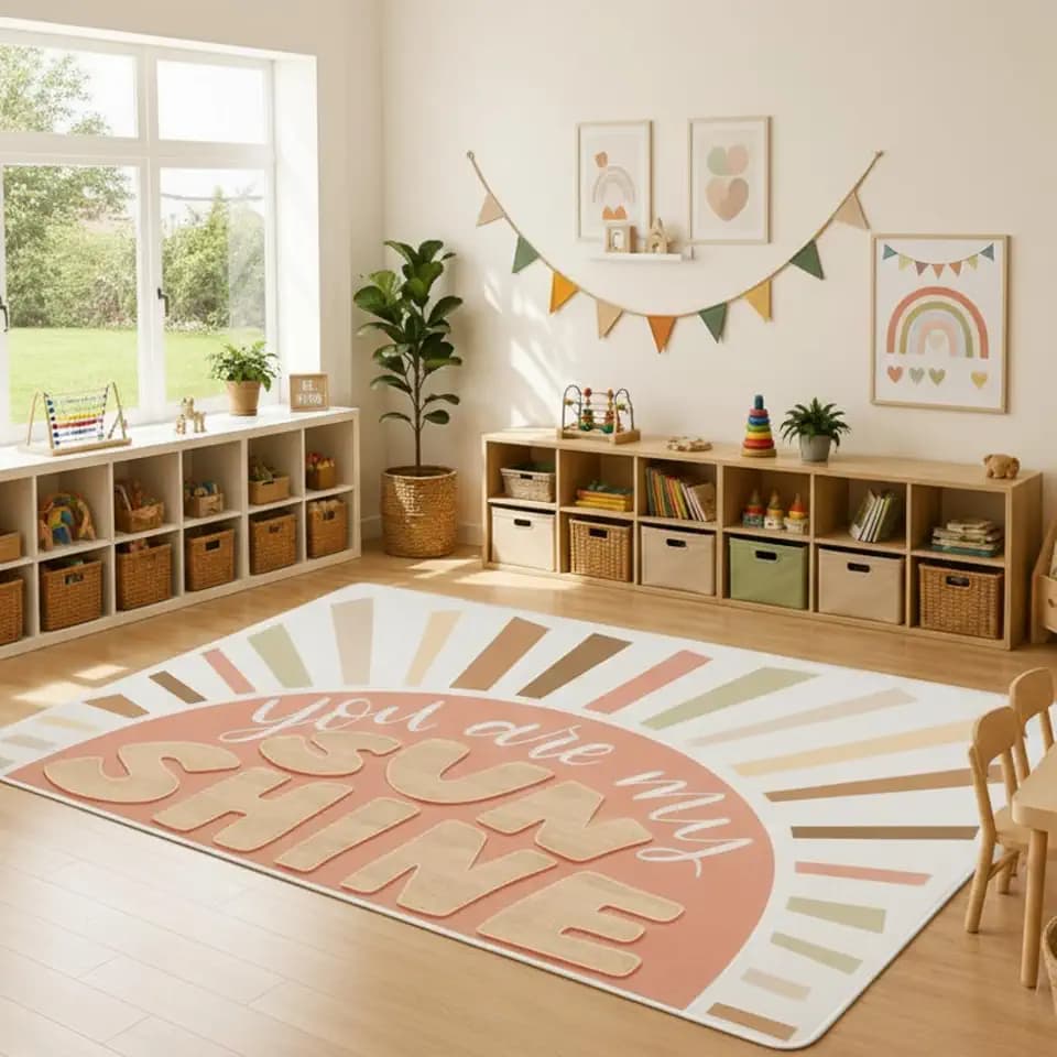 Drydiet Boho Sunshine Classroom Rug 11.8 x 6.6 ft Elementary Educational Daycare Rug Large Preschool Carpet for Classroom Playmat for Kids Toddler Kindergarten Nursery School Early Learning