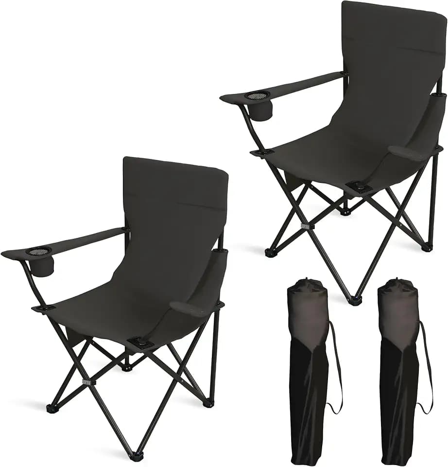 Camping Chairs for Adults 2 Pack, 300LBS Heavy Duty Reinforced Steel Portable Folding Chairs, Ergonomic High Back Outdoor Chair with Cup Holder & Side Pocket, Lightweight Set for Beach Picnic, Black