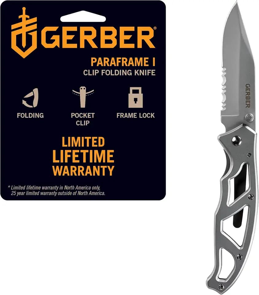 Gerber Gear Paraframe I EDC Folding Pocket Knife with Clip, 3" Serrated Edge with Safety Frame Lock, Stainless Steel