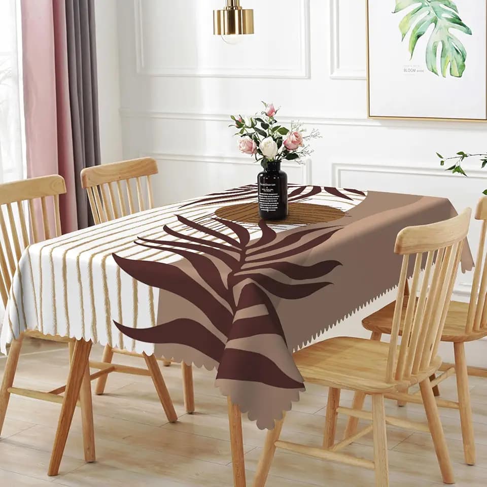 60x102inches Mid Century Boho Rectangle Tablecloth Abstract Geometric Brown Eucalyptus Leaves Sun Table Cloth Waterproof Fabric Polyester Table Cover for Kitchen Dining Room Patio Home Decor