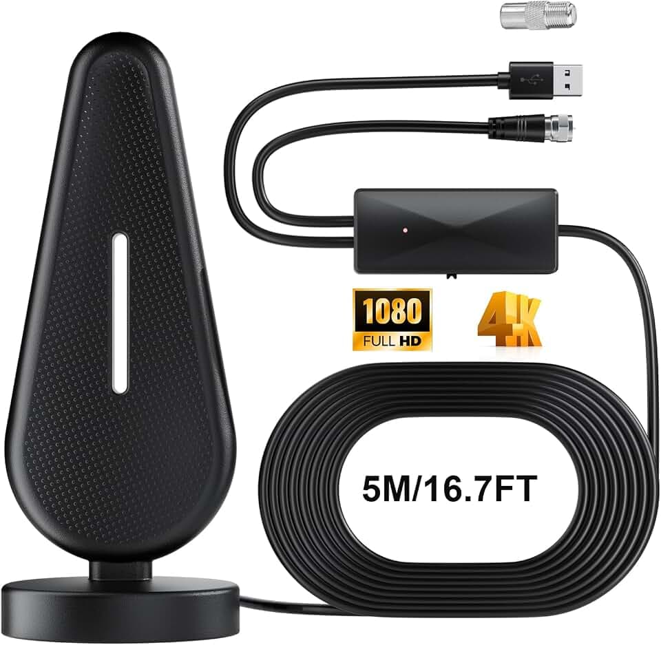 DVBT2 Antenne, zimmerantenne DVB-T & DVB-T2 Antennen mit Verstärker,5m Kabel DVB-T2 Antenne Fernseher freenet tv innen außen,HD Portable Indoor/Outdoor Antenna