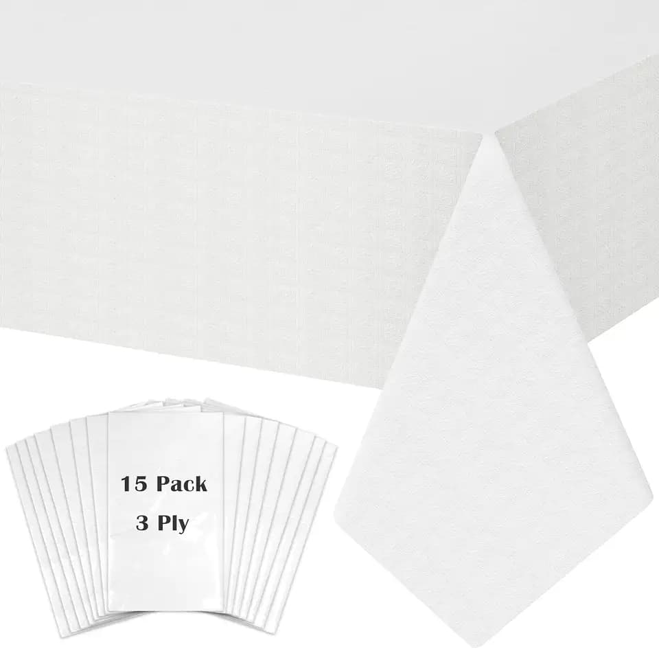 White Paper Tablecloth, 15 Pack Disposable Table Cloths for Rectangle Tables 3-9 Foot, 54''×108'' Paper & Plastic Party Table Cover for Birthday, Outdoor, Wedding, Banquet